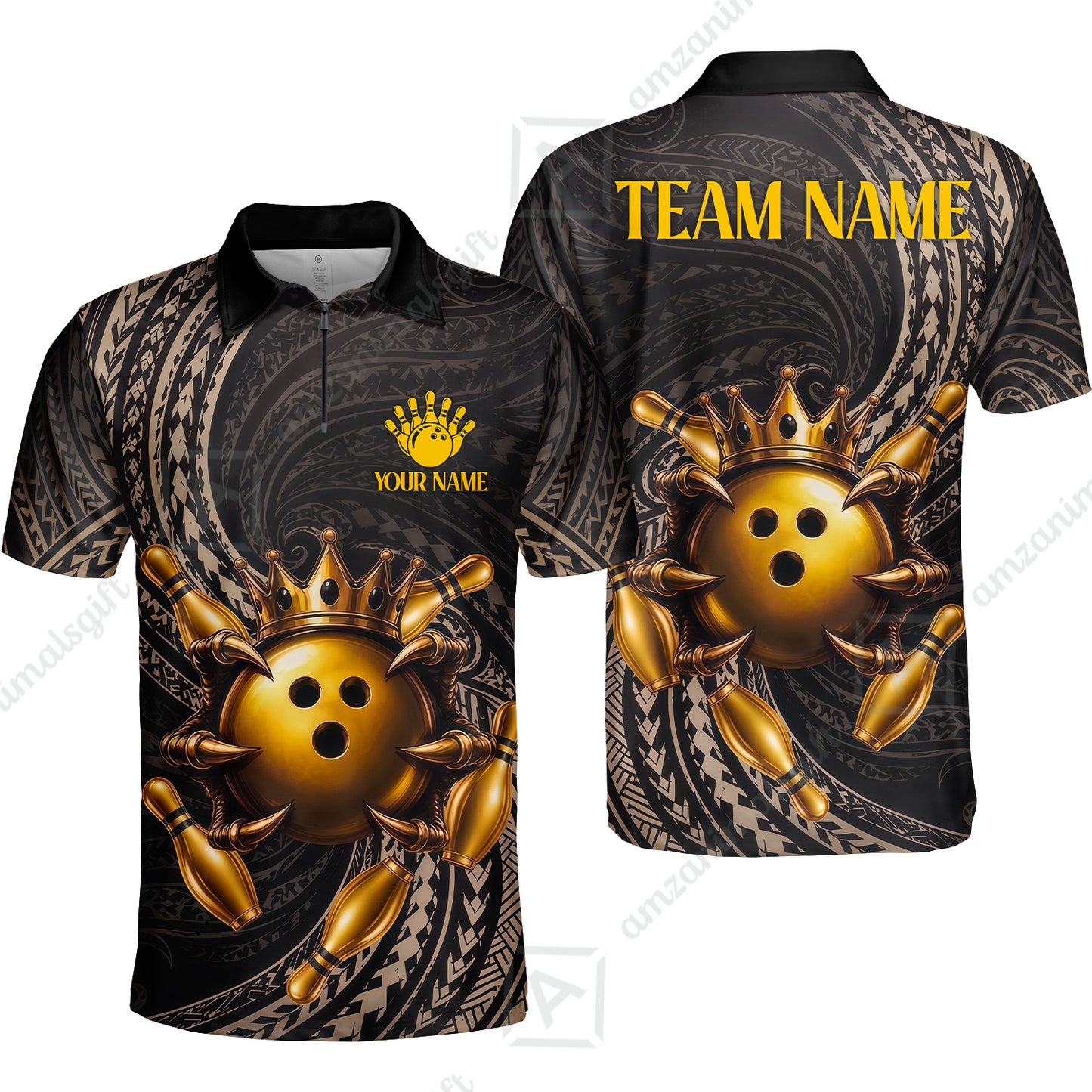 Custom Bowling Jersey Polo Shirt, Maori Tattoo Bowling Crown Gold Color, Custom Bowling Jersey Team Shirt For Players With Name and Team Name