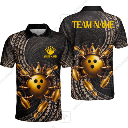 Custom Bowling Jersey Polo Shirt, Maori Tattoo Bowling Crown Gold Color, Custom Bowling Jersey Team Shirt For Players With Name and Team Name
