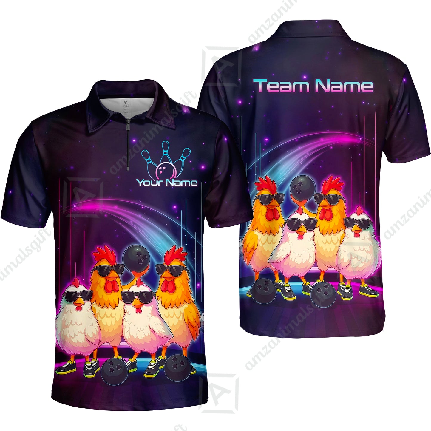 Custom Bowling Jersey Polo Shirt, Funny Cool Chickens Neon Cosmic, Custom Bowling Jersey Team Shirt For Players With Name & Team Name