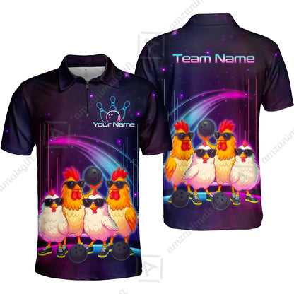 Custom Bowling Jersey Polo Shirt, Funny Cool Chickens Neon Cosmic, Custom Bowling Jersey Team Shirt For Players With Name & Team Name