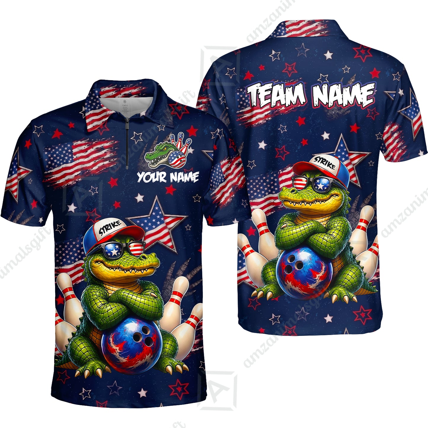 Custom Bowling Jersey Polo Shirt, Cool Patriotic Alligator Mascot, Custom Bowling Jersey Team Shirt For Players With Name and Team Name
