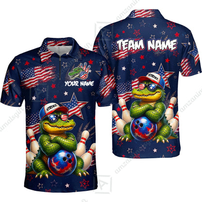 Custom Bowling Jersey Polo Shirt, Cool Patriotic Alligator Mascot, Custom Bowling Jersey Team Shirt For Players With Name and Team Name