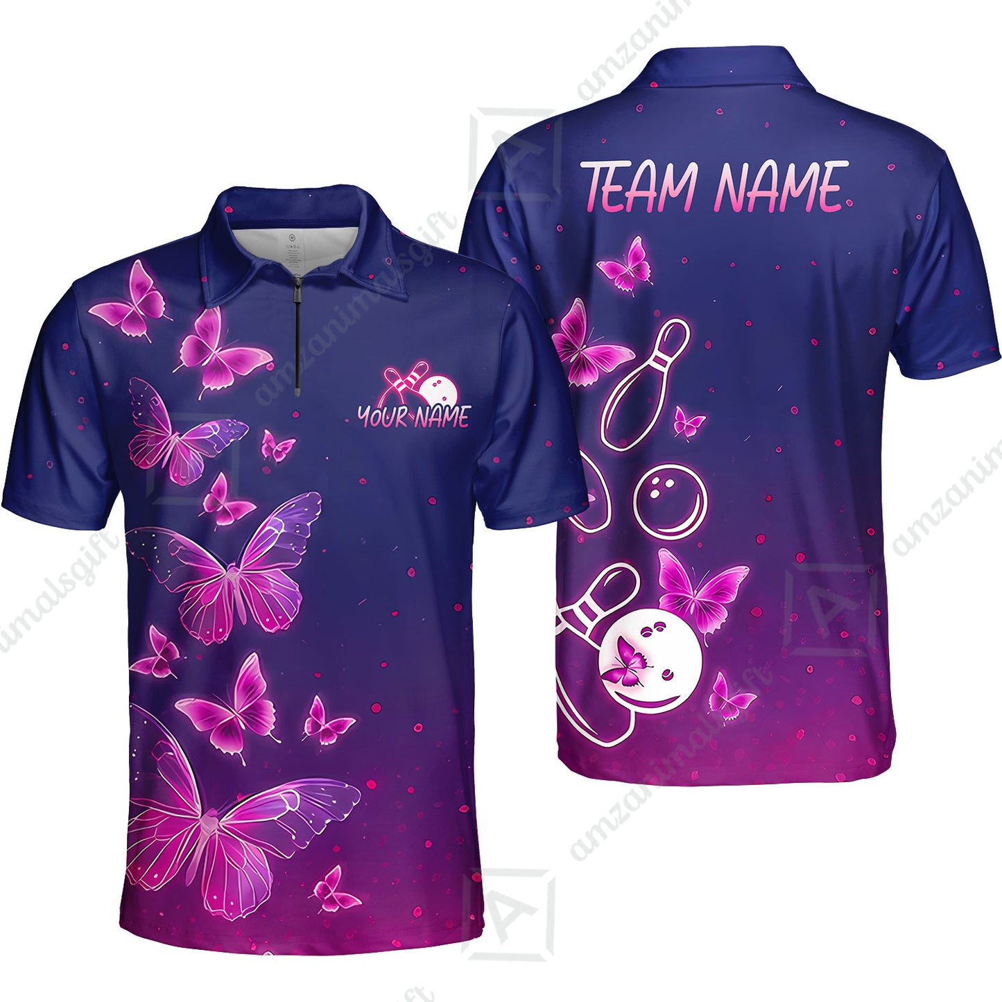 Custom Bowling Jersey Polo Shirt, Neon Butterfly Bowling, Custom Bowling Jersey Team Shirt