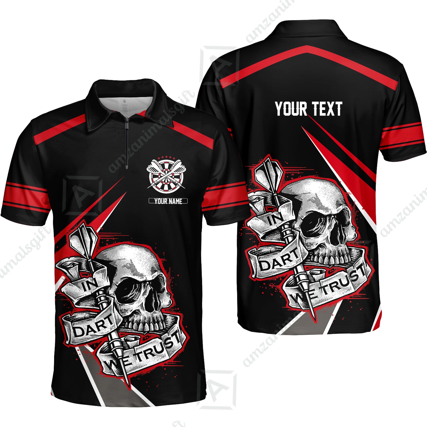 Customized Name & Text Darts Men Polo Shirt, Skull In Darts We Trust Personalized Darts Zip Polo Shirt