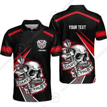 Customized Name & Text Darts Men Polo Shirt, Skull In Darts We Trust Personalized Darts Zip Polo Shirt