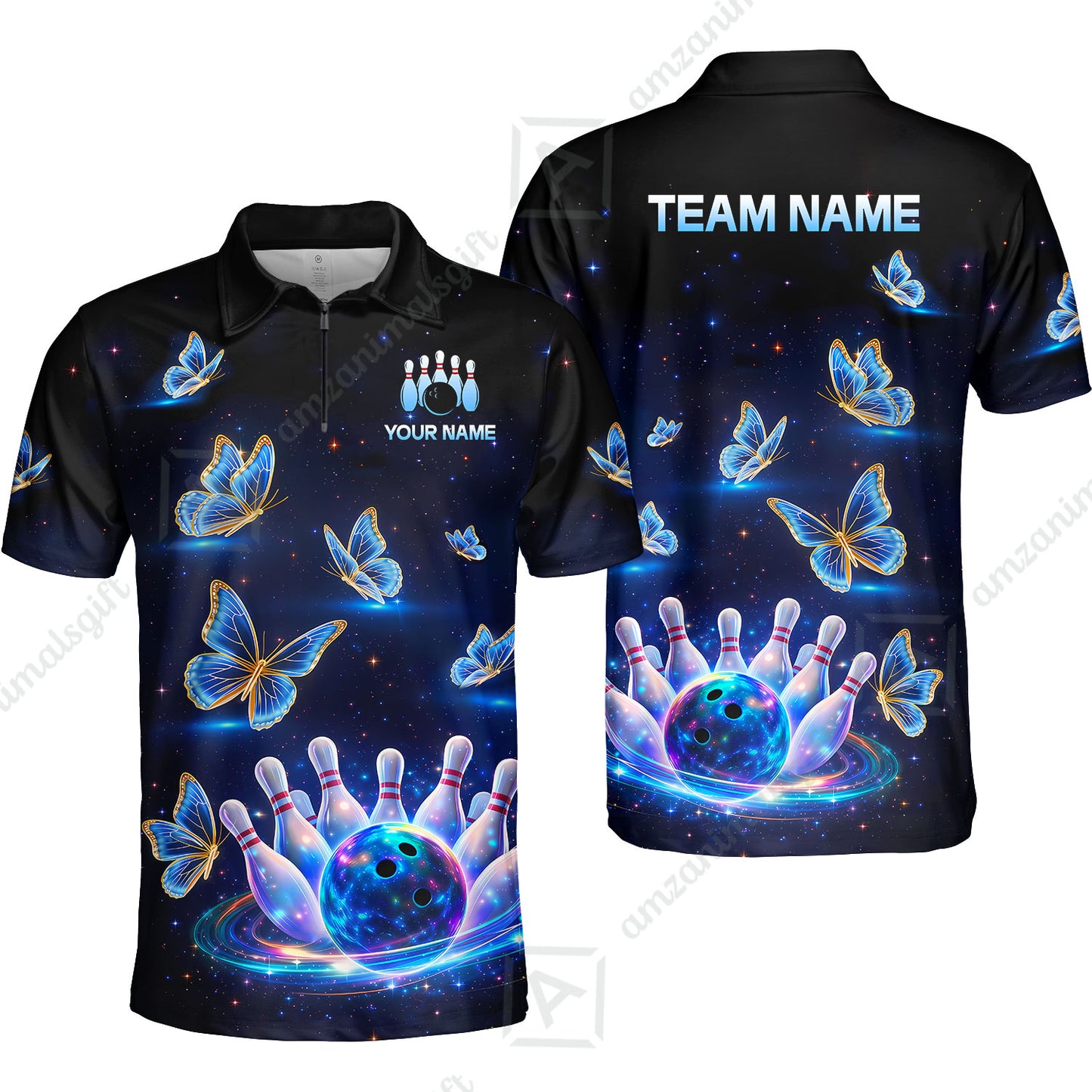 Custom Bowling Jersey Polo Shirt, Bowling Butterfly Galaxy Neon Light, Personalized Name And Team Name