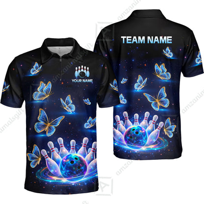 Custom Bowling Jersey Polo Shirt, Bowling Butterfly Galaxy Neon Light, Personalized Name And Team Name
