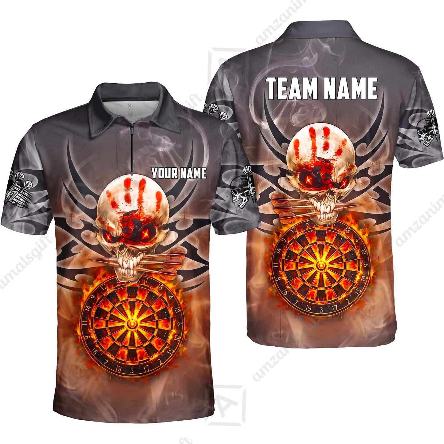 Custom Darts Jersey Polo Shirt, Glowing Fire Skull Tribal, Custom Dart Jersey Team Shirt For Players With Name & Team Name