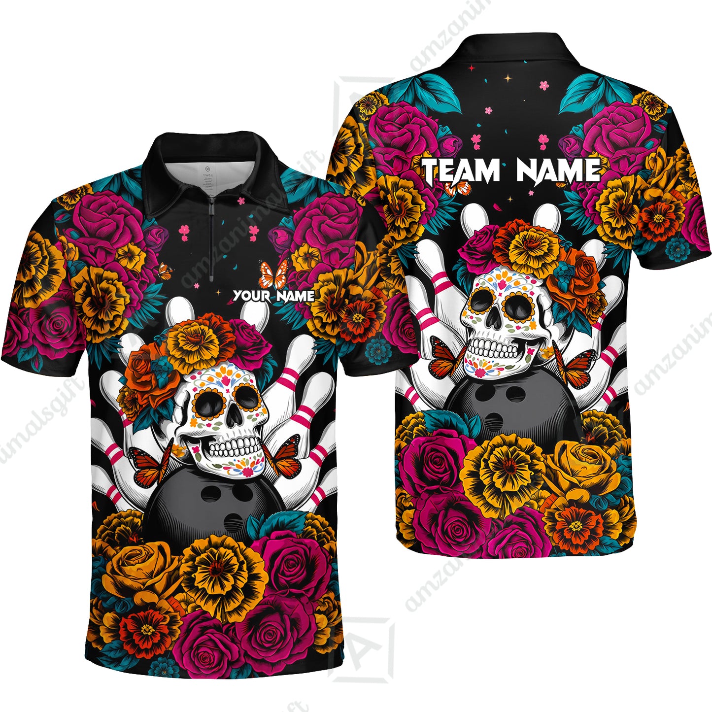 Custom Bowling Jersey Polo Shirt, Floral Skull Bowling, Personalize Name and Team Name