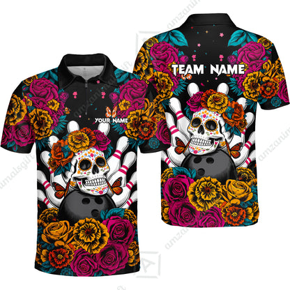 Custom Bowling Jersey Polo Shirt, Floral Skull Bowling, Personalize Name and Team Name