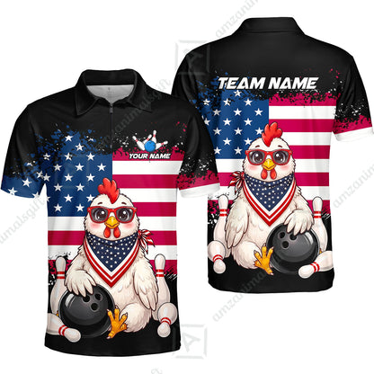 Custom Bowling Jersey Polo Shirt, Animal With Glasses And Bandana America Flag, Personalize Name & Team Name
