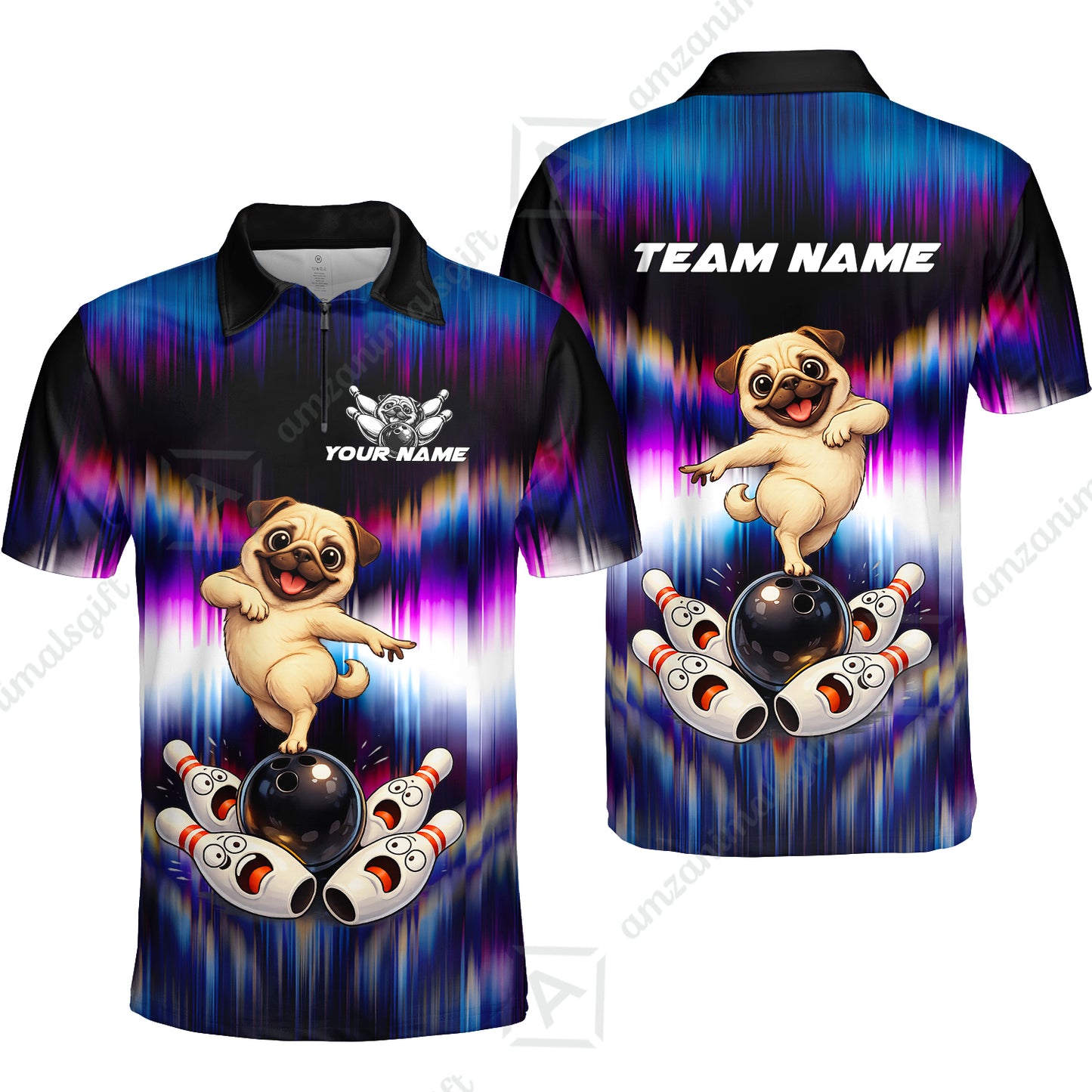 Custom Bowling Jersey Polo Shirt, Neon Cosmic Pug Bowling Custom Bowling Jersey Team Shirt For Players With Name & Team Name