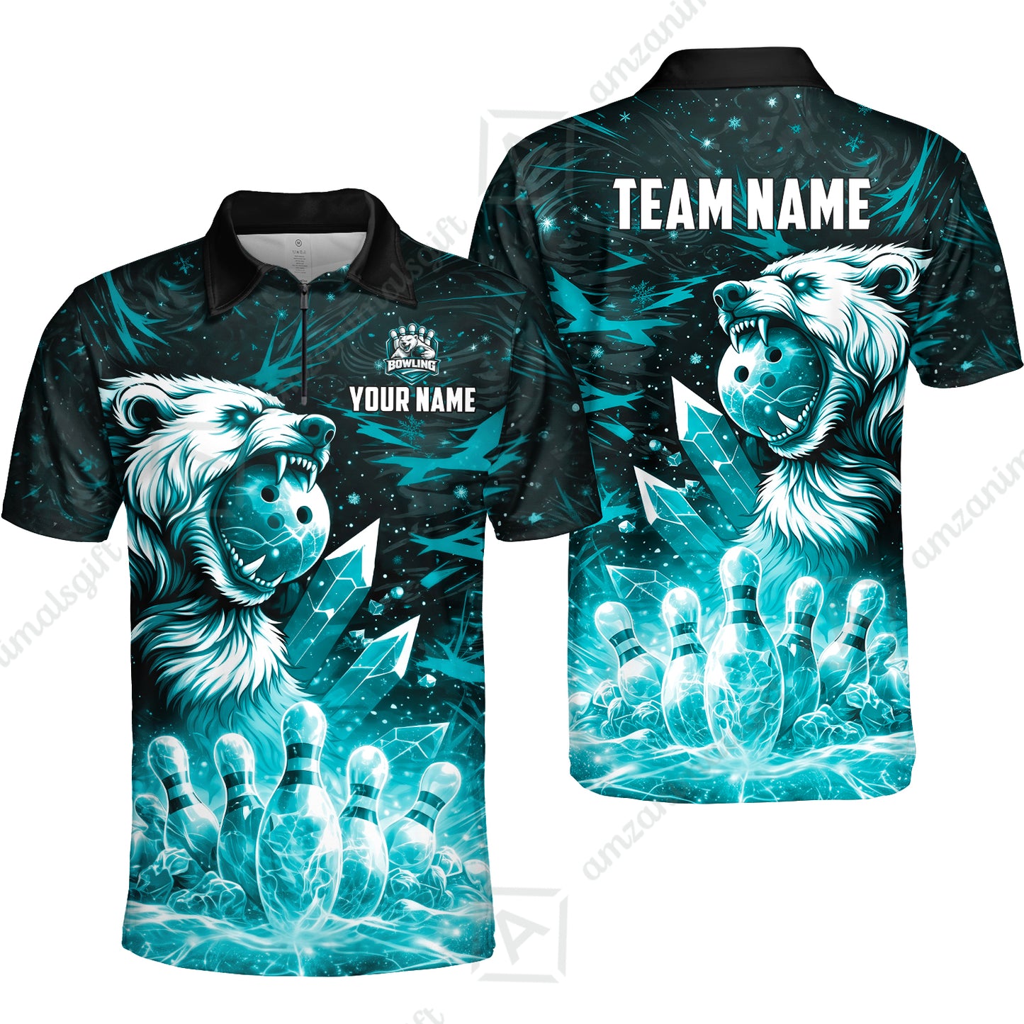 Custom Bowling Jersey Polo Shirt, Arctic Bear & Crystal Galaxy, Custom Bowling Jersey Team Shirt For Players With Name & Team Name