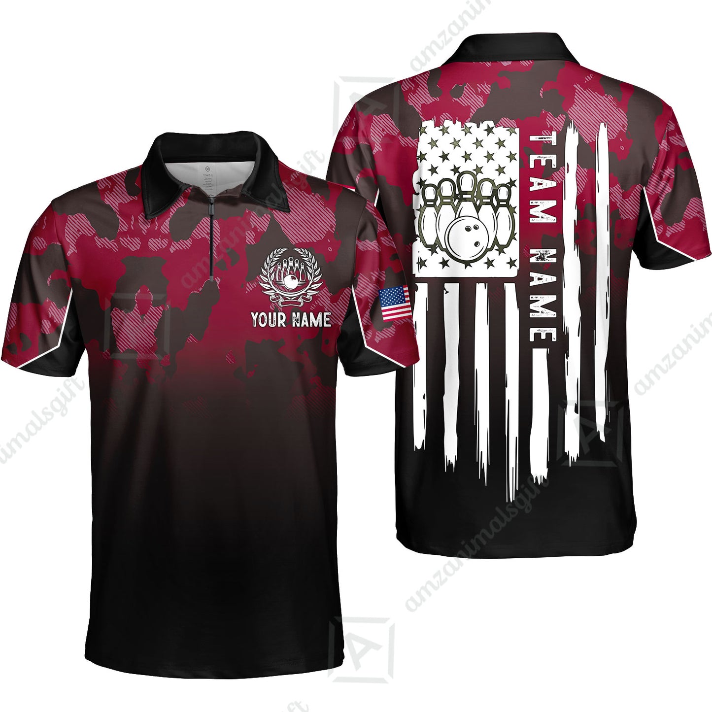 Custom Bowling Jersey Polo Shirt, Tactical Camo Patriotic Flag, Custom Bowling Jersey Team Shirt For Players With Name and Team Name