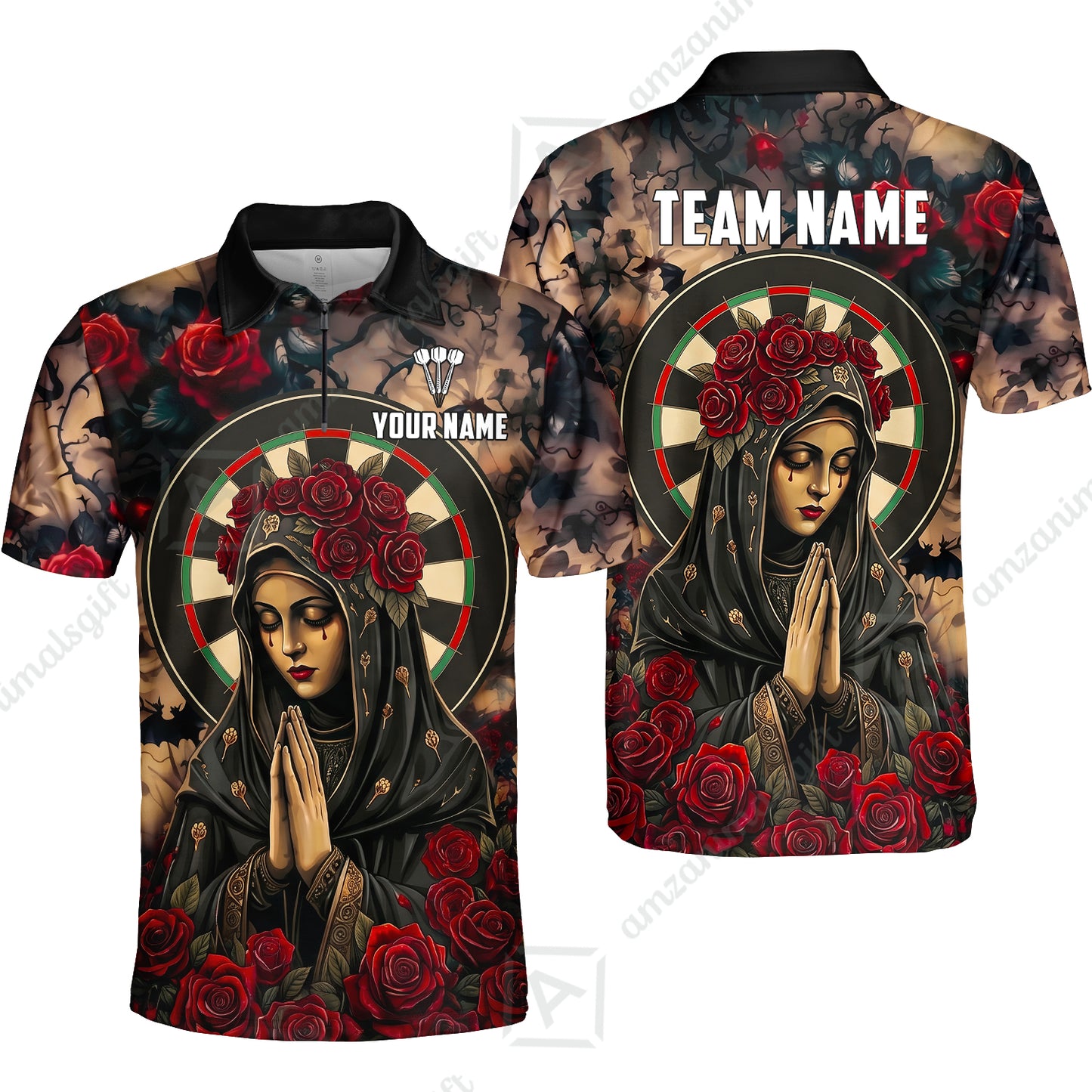 Custom Darts Jersey Polo Shirt, Gothic Madonna And Blue Rose, Custom Dart Jersey Team Shirt For Players With Name & Team Name