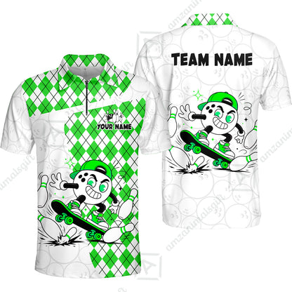 Custom Bowling Jersey Polo Shirt, Skateboarder Bowling Ball Mascot, Custom Bowling Jersey Team Shirt For Players With Name and Team Name