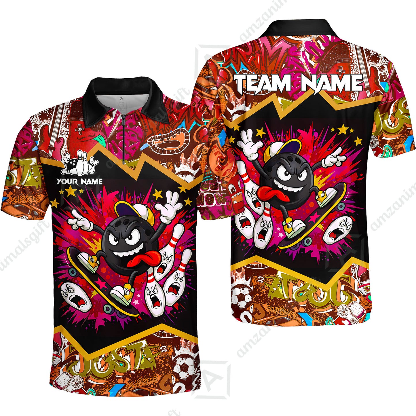 Customized Bowling Unisex Polo Shirt, Skater Bowling Ball Attack, Bowling Uniform, Personalized Name And Team Name
