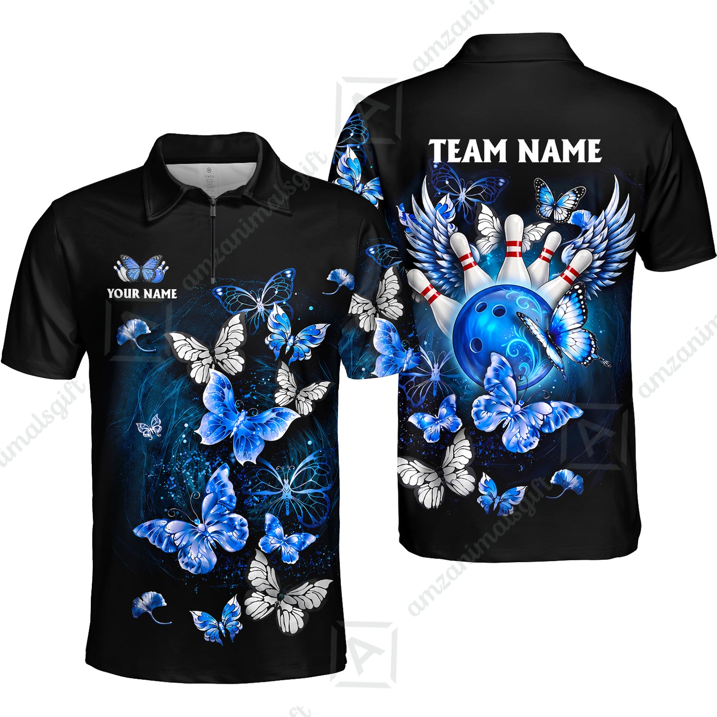 Custom Bowling Jersey Polo Shirt, Dreamy Nebula & Angelic Butterflies, Personalize Name and Team Name