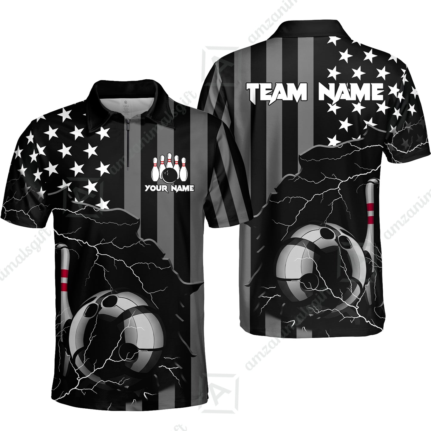 Custom Bowling Jersey Polo Shirt, Monochrome Lightning Flag Storm, Custom Bowling Jersey Team Shirt For Players With Name and Team Name