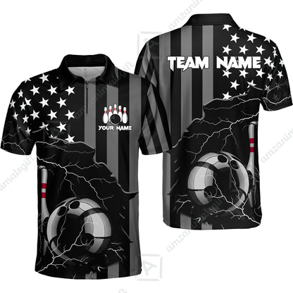 Custom Bowling Jersey Polo Shirt, Monochrome Lightning Flag Storm, Custom Bowling Jersey Team Shirt For Players With Name and Team Name