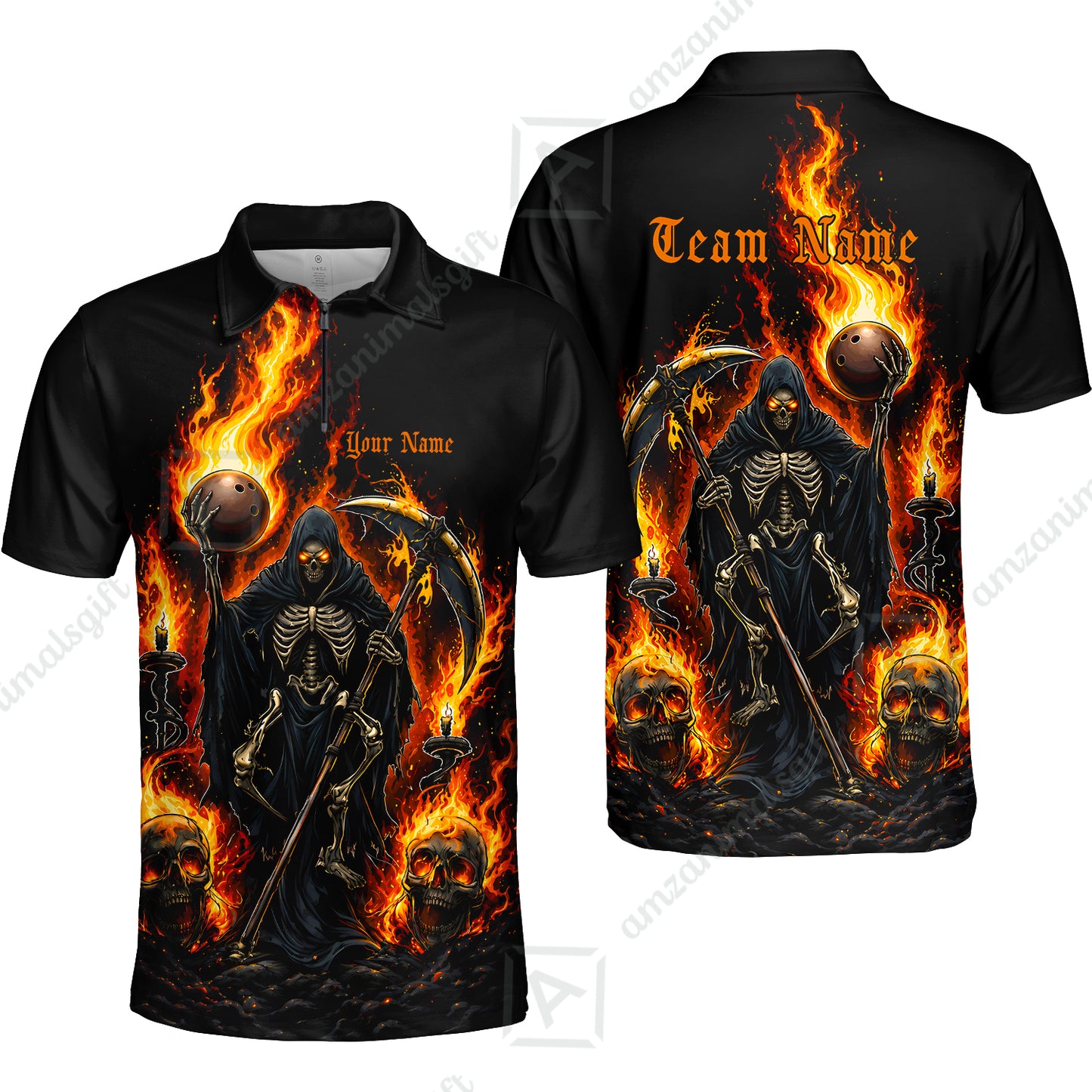 Custom Bowling Jersey Polo Shirt, Hellfire Grim Reaper, Personalize Name and Team Name