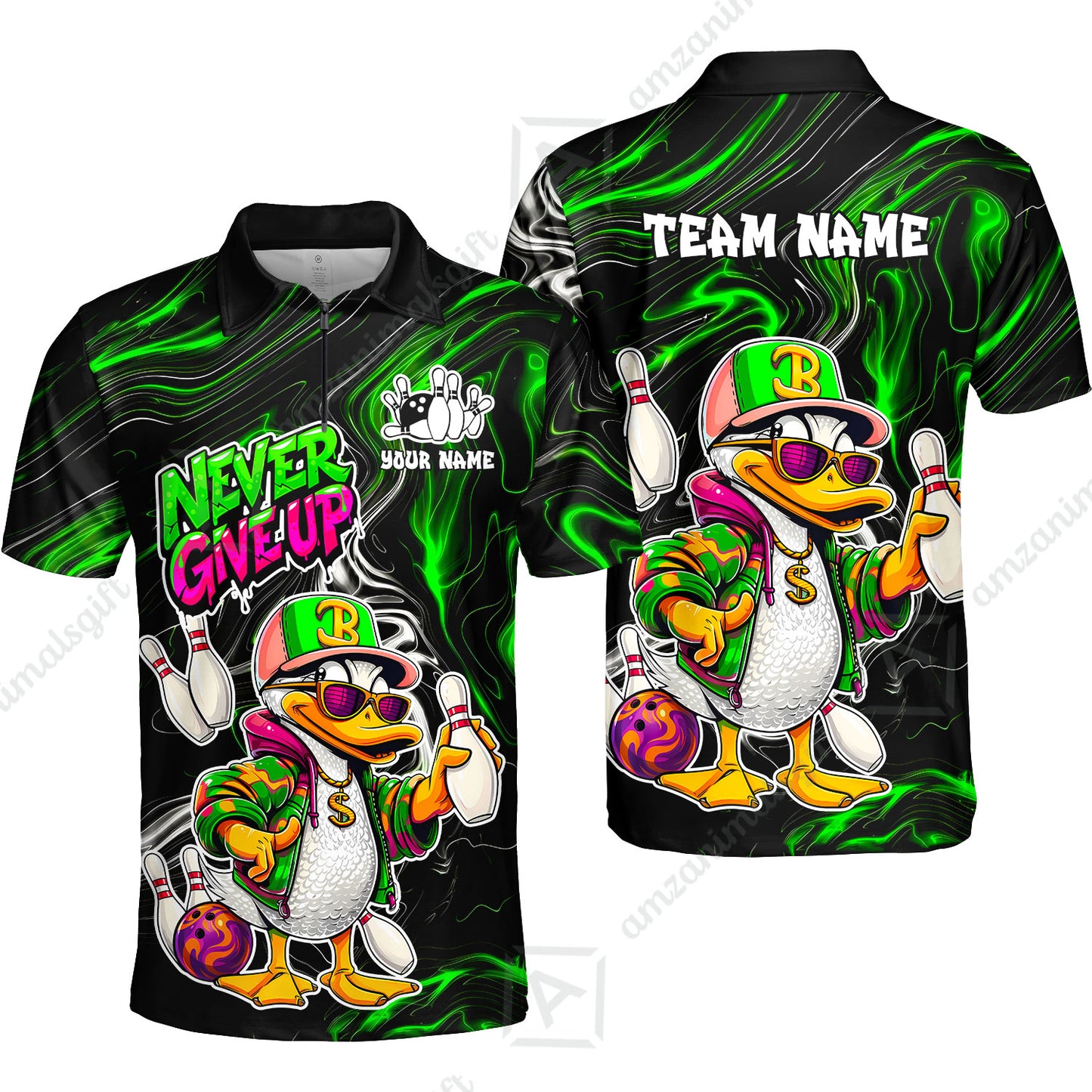 Custom Bowling Jersey Polo Shirt, Duck Never Give Up, Custom Bowling Jersey Team Shirt For Players With Name & Team Name