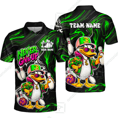 Custom Bowling Jersey Polo Shirt, Duck Never Give Up, Custom Bowling Jersey Team Shirt For Players With Name & Team Name