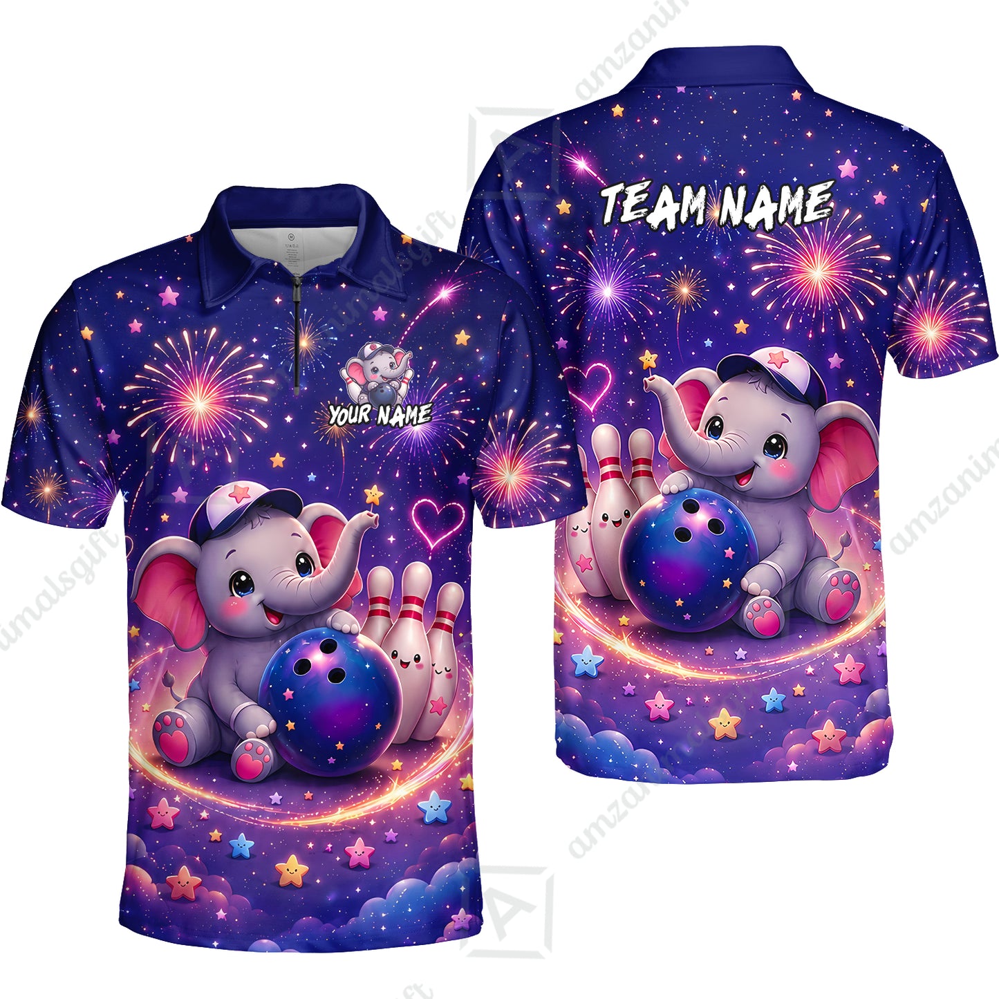 Custom Bowling Jersey Polo Shirt, Cute Elephant Holding Ball, Personalize Name and Team Name