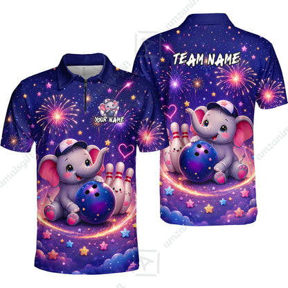 Custom Bowling Jersey Polo Shirt, Cute Elephant Holding Ball, Personalize Name and Team Name