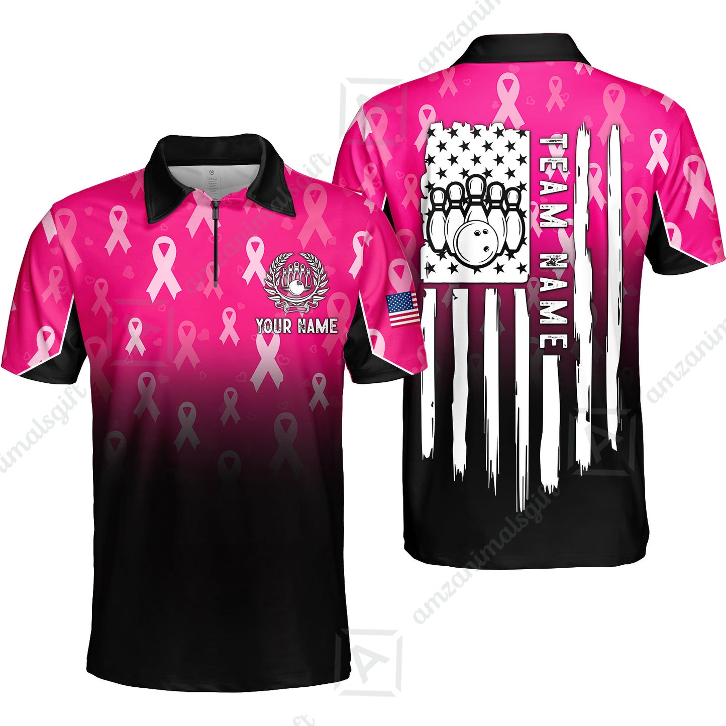Custom Bowling Jersey Polo Shirt, Ribbon Breast Cancer Awareness Flag, Custom Bowling Jersey Team Shirt For Players With Name and Team Name