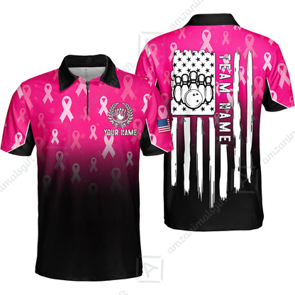 Custom Bowling Jersey Polo Shirt, Ribbon Breast Cancer Awareness Flag, Custom Bowling Jersey Team Shirt For Players With Name and Team Name