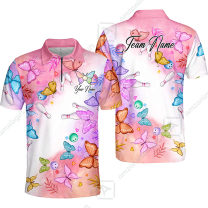 Custom Bowling Jersey Polo Shirt, Whimsical Butterfly Watercolor, Custom Bowling Jersey Team Shirt For Players With Name and Team Name