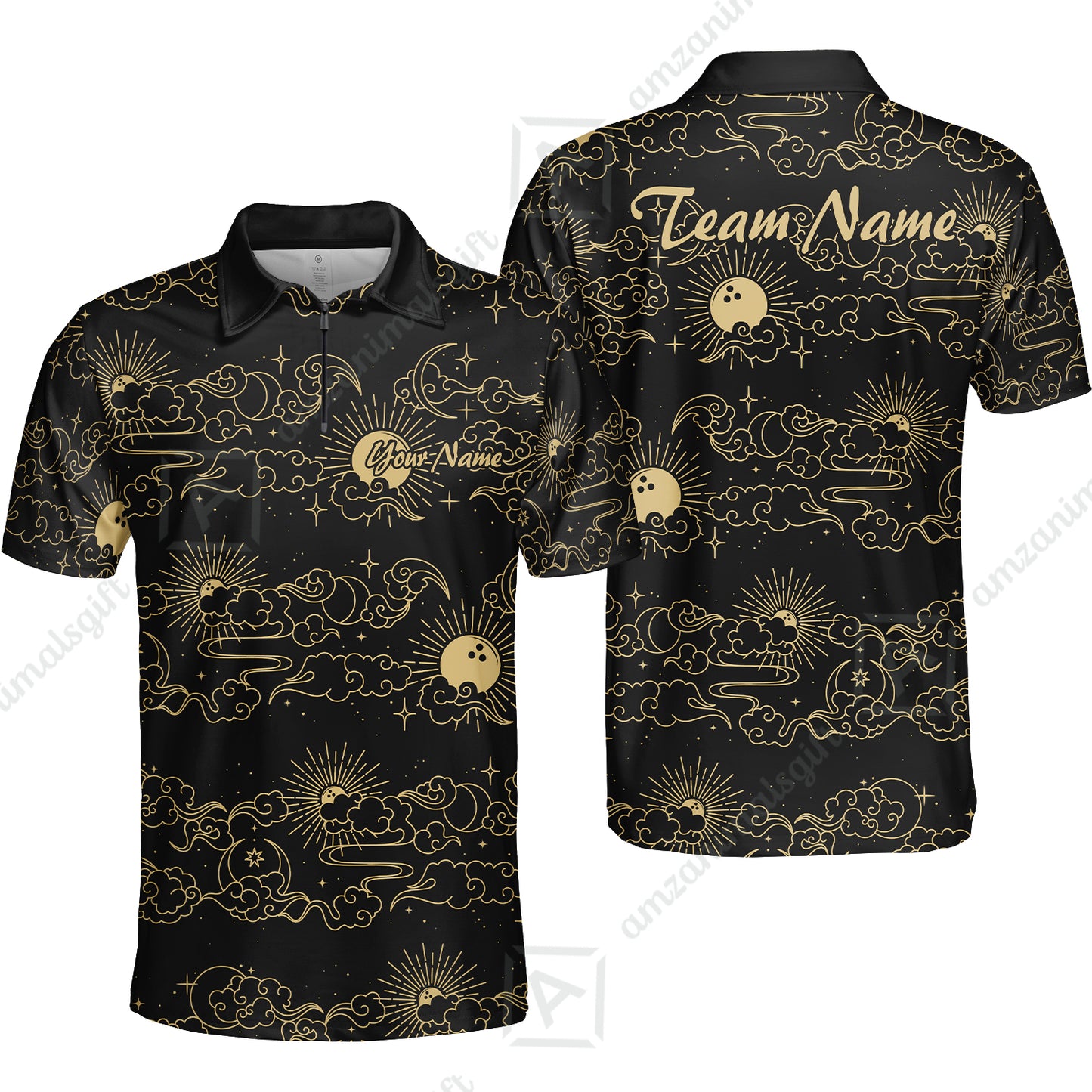 Custom Bowling Jersey Polo Shirt, Black Gold Celestial Bowling, Custom Bowling Jersey Team Shirt For Players With Name & Team Name