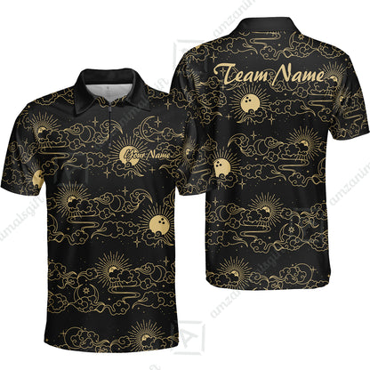 Custom Bowling Jersey Polo Shirt, Black Gold Celestial Bowling, Custom Bowling Jersey Team Shirt For Players With Name & Team Name