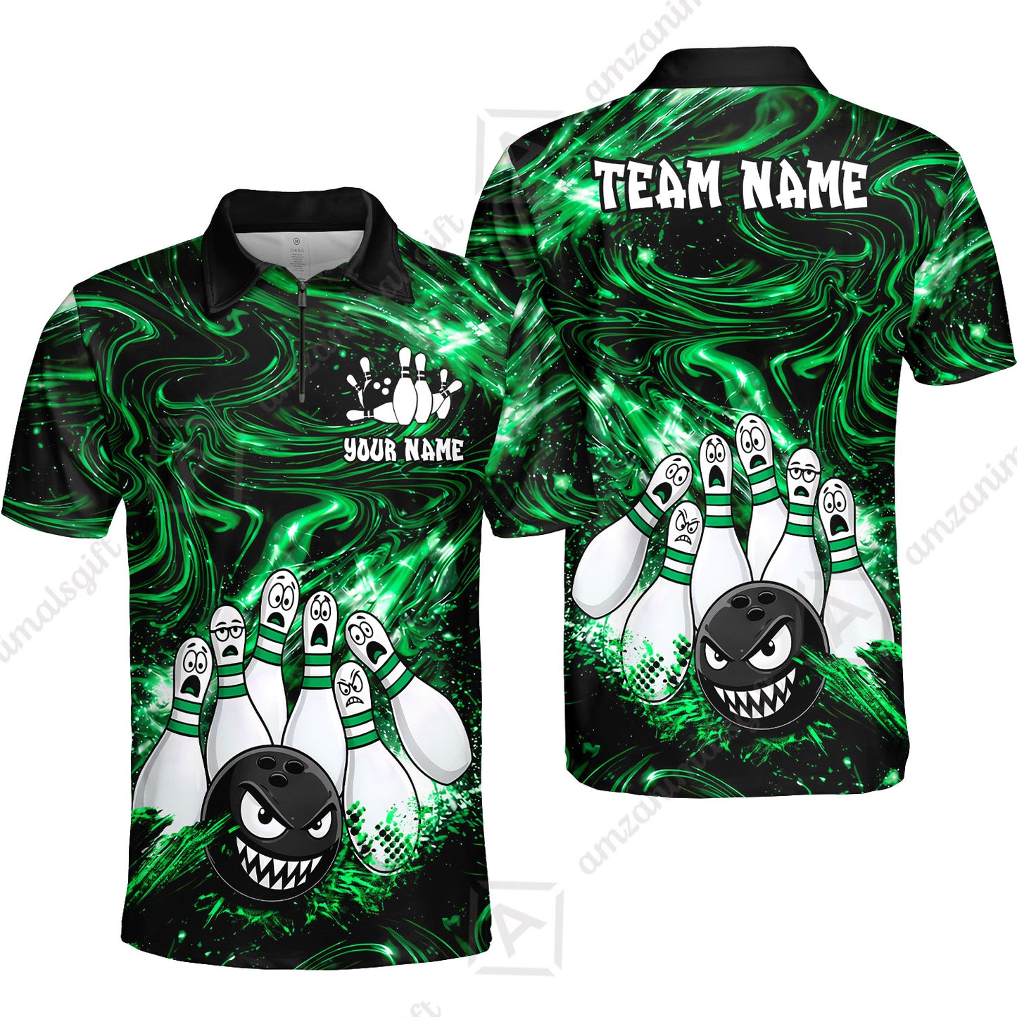 Customized Bowling Unisex Polo Shirt, Bowling Angry Ball VS Screaming Pins, Personalized Name And Team Name
