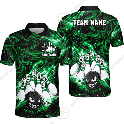 Customized Bowling Unisex Polo Shirt, Bowling Angry Ball VS Screaming Pins, Personalized Name And Team Name