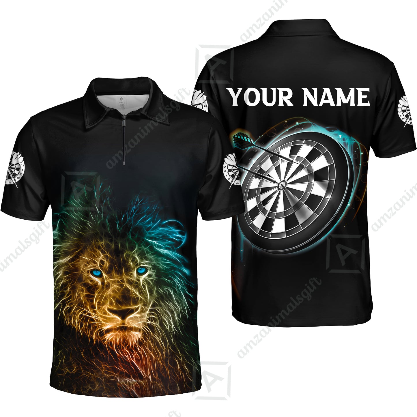 Customized Name Darts Polo Shirt, Blue Bullseye Dartboard Personalized Lion And Darts Polo Shirt