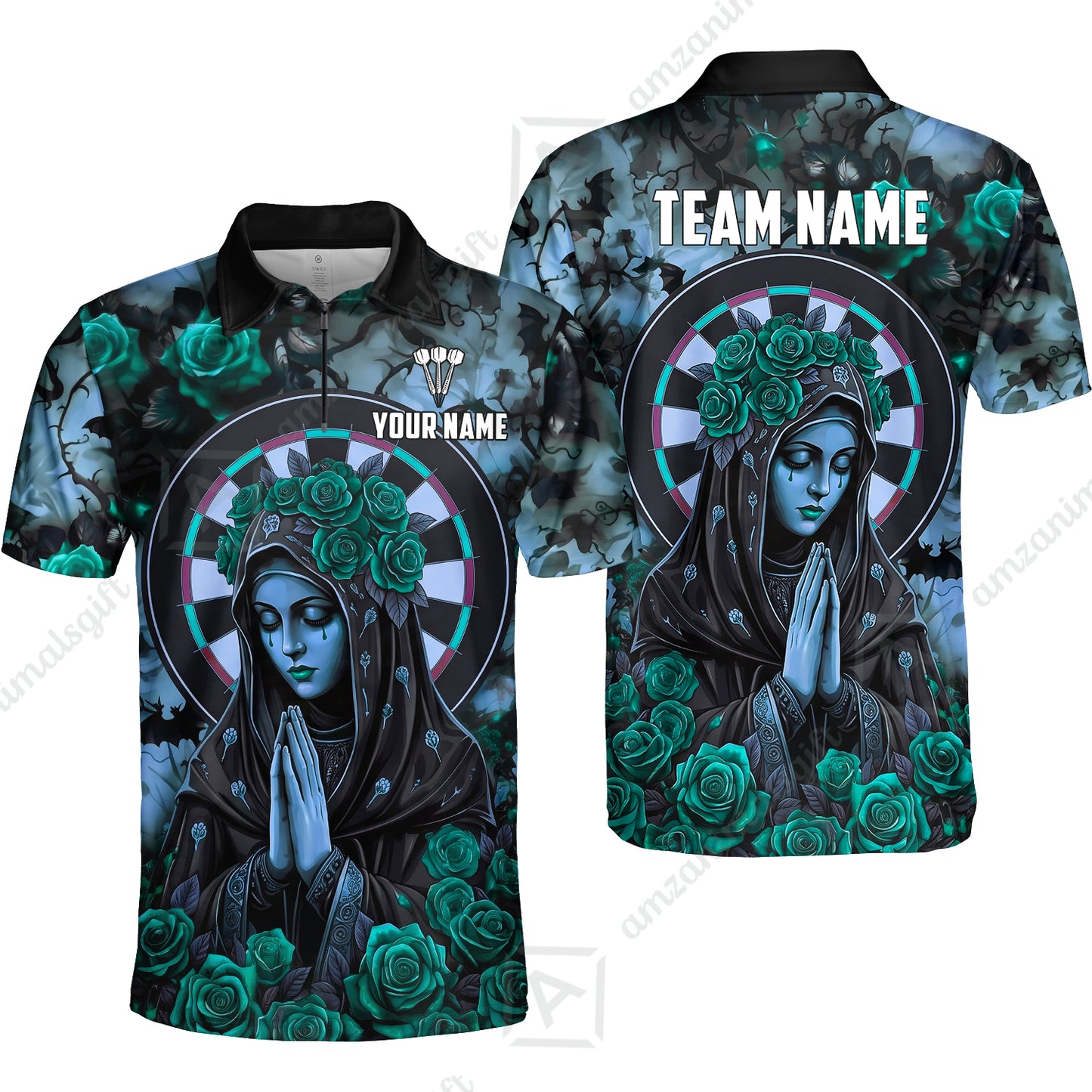 Custom Darts Jersey Polo Shirt, Gothic Madonna And Blue Rose, Custom Dart Jersey Team Shirt For Players With Name & Team Name