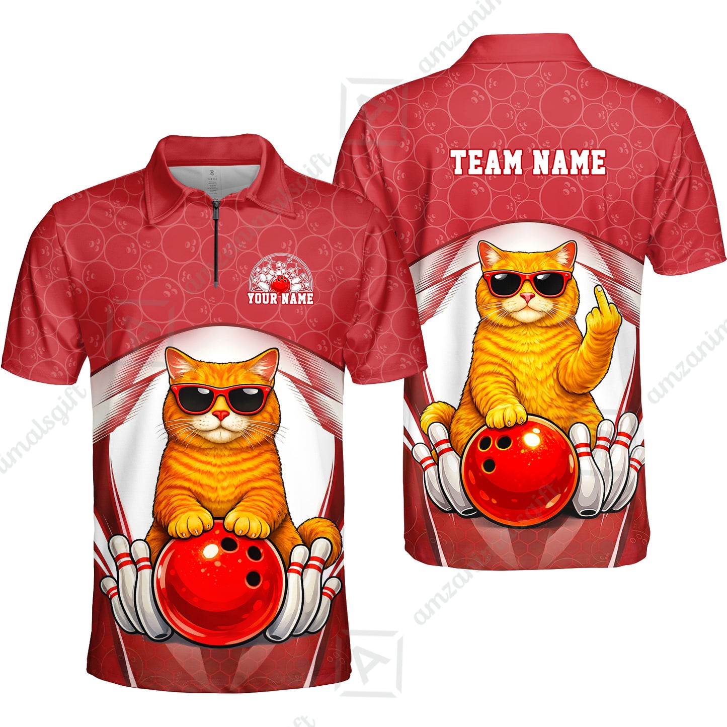 Custom Bowling Polo Shirt, Funny Cat with Sunglasses Bowling Custom Bowling Polo Team Shirt For Players With Name & Team Name