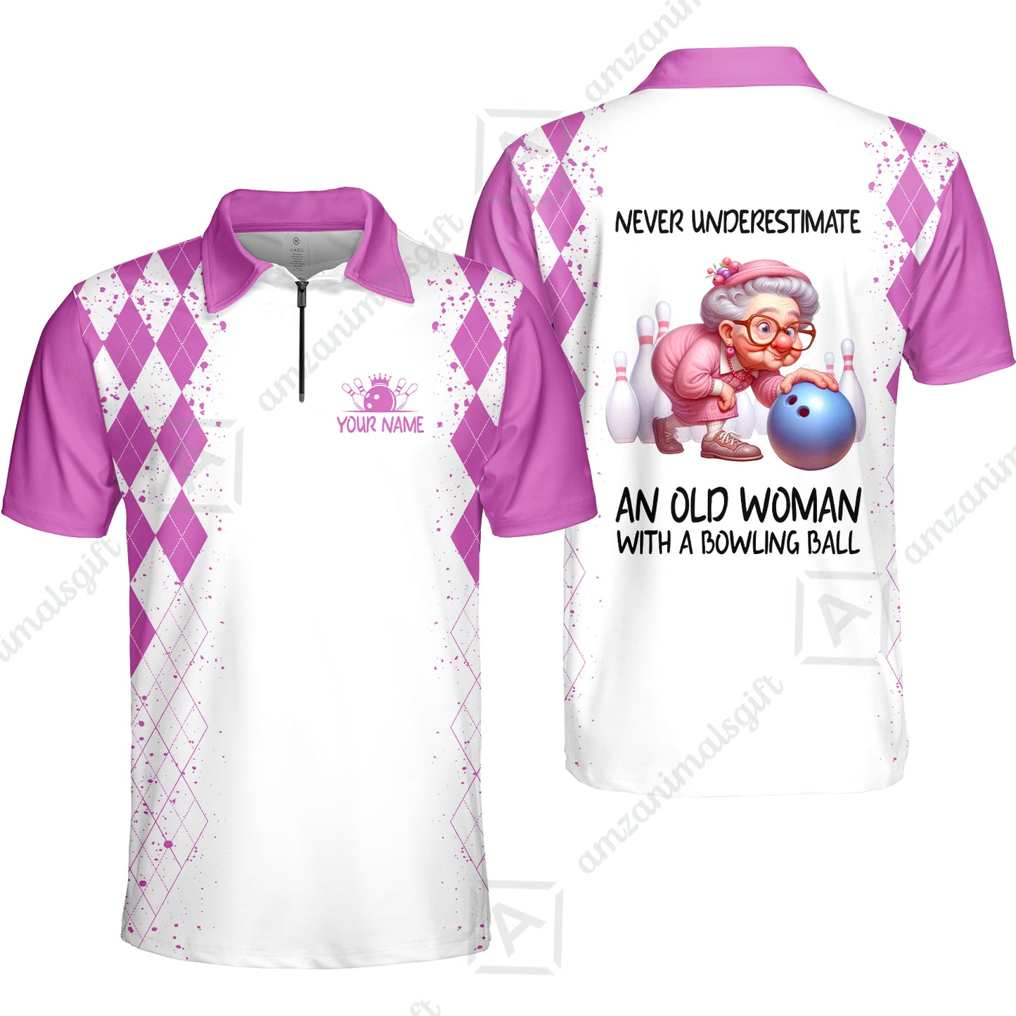 Custom Bowling Jersey Polo Shirt, Never Underestimate An Old Woman With A Bowling Ball, Personalized Name & Team Name