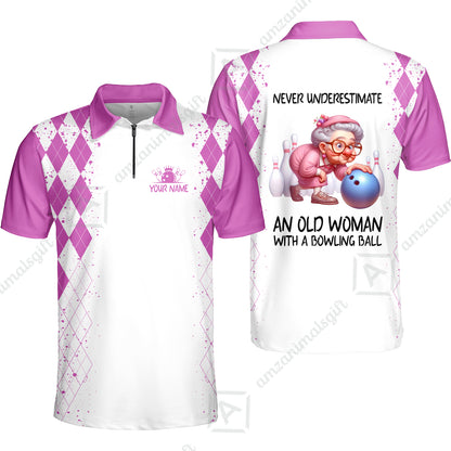 Custom Bowling Jersey Polo Shirt, Never Underestimate An Old Woman With A Bowling Ball, Personalized Name & Team Name