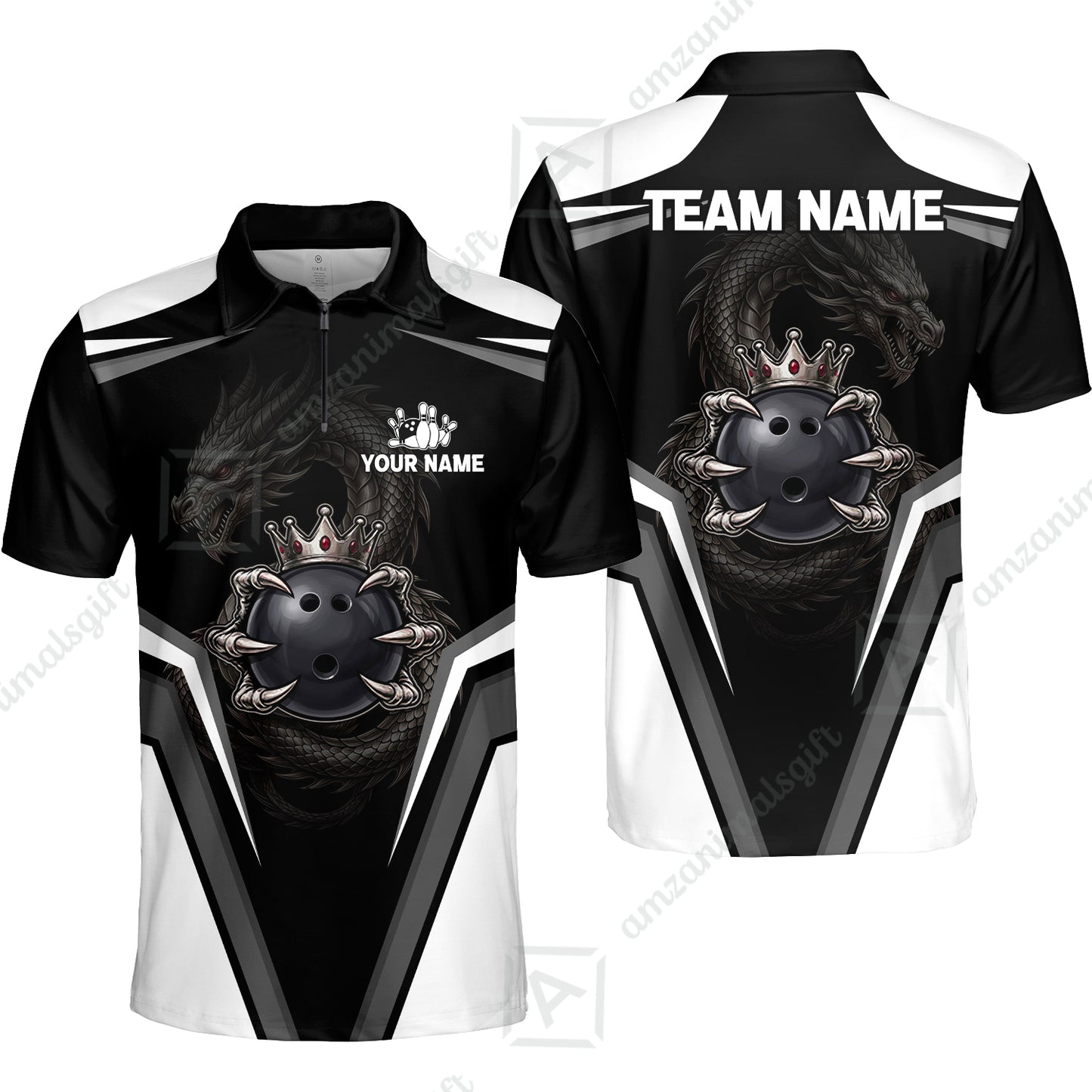 Custom Bowling Jersey Polo Shirt, Gothic Dark Dragon Royal Crown, Custom Bowling Jersey Team Shirt For Players With Name and Team Name