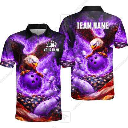 Custom Bowling Jersey Polo Shirt, Patriotic Blue Fire Eagle, Custom Bowling Jersey Team Shirt For Players With Name and Team Name