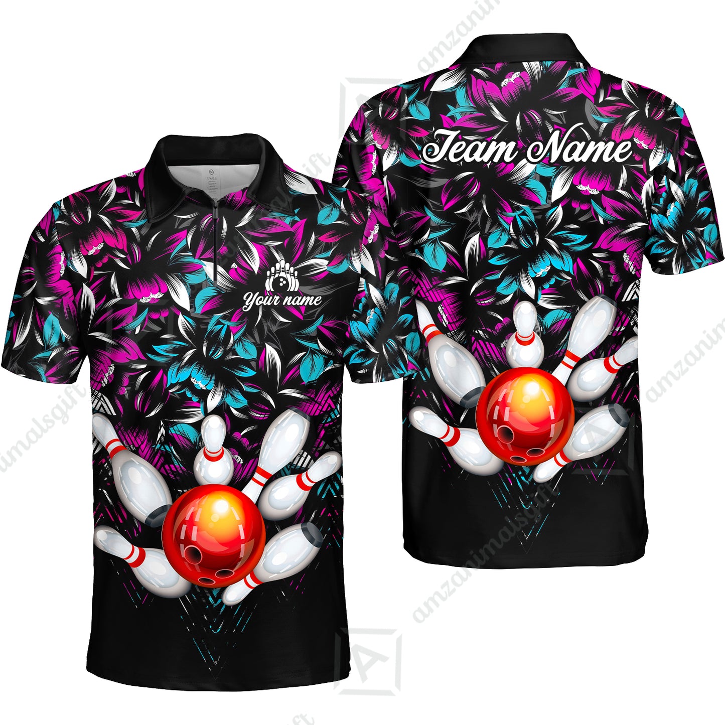 Custom Bowling Jersey Polo Shirt, Tropical Floral Bowling, Custom Bowling Jersey Team Shirt For Players With Name & Team Name