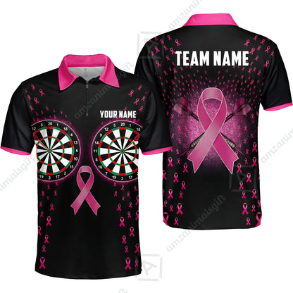 Custom Darts Team Jersey, Personalized Pink Ribbon Darts Polo Shirt For Players With Name & Team Name