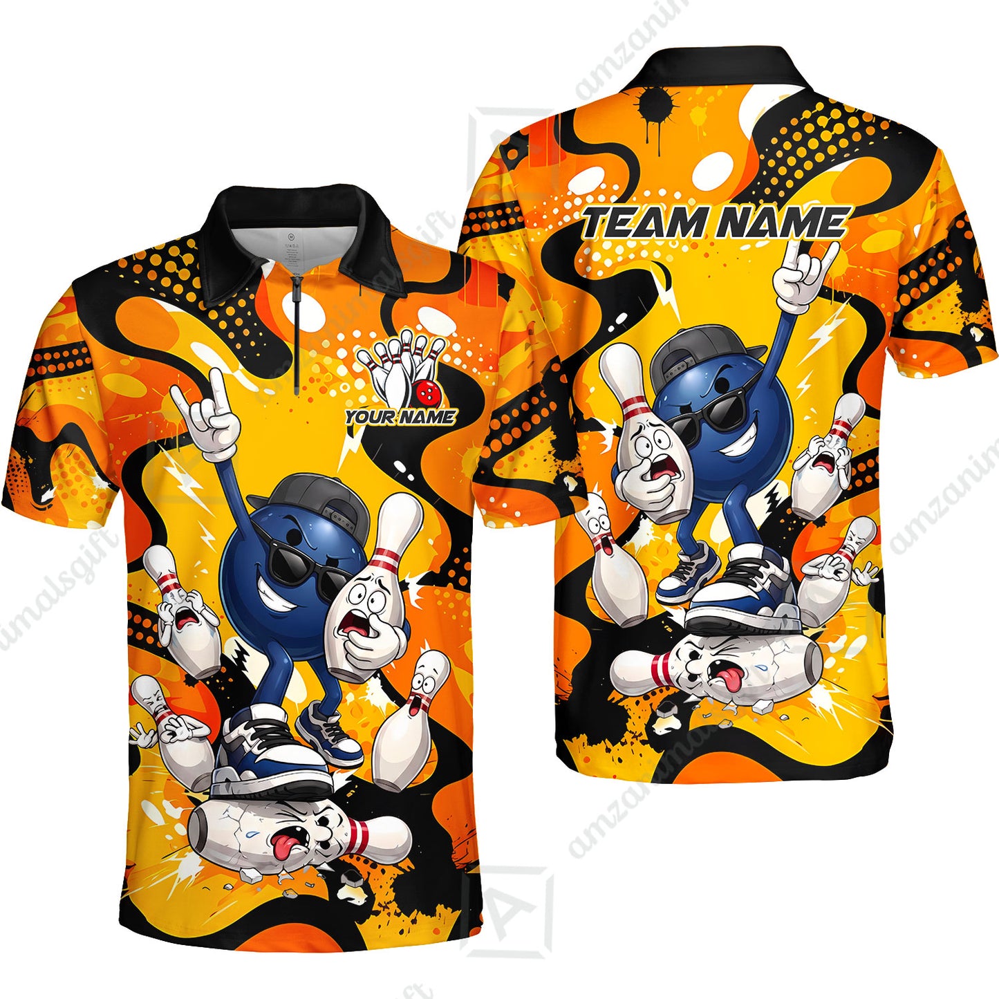 Custom Bowling Jersey Polo Shirt, Bowling Comic Book Art Orange Dot Flat Design, Personalize Name and Team Name