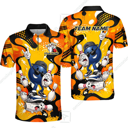 Custom Bowling Jersey Polo Shirt, Bowling Comic Book Art Orange Dot Flat Design, Personalize Name and Team Name