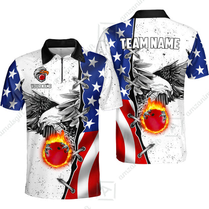 Customized Bowling Unisex Polo Shirt, US Flag White Eagle Flame Pin Dust Pattern Bowling, Personalized Name And Team Name