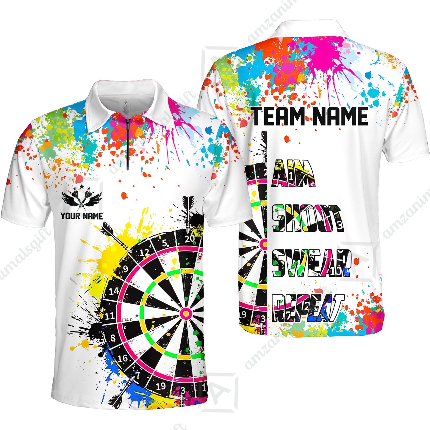 Custom Funny Dartboards Colorful Paint Quarter Zip Polo Team Shirts, Custom Aim Shoot Swear Repeat Darts Team Jerseys Uniform - White