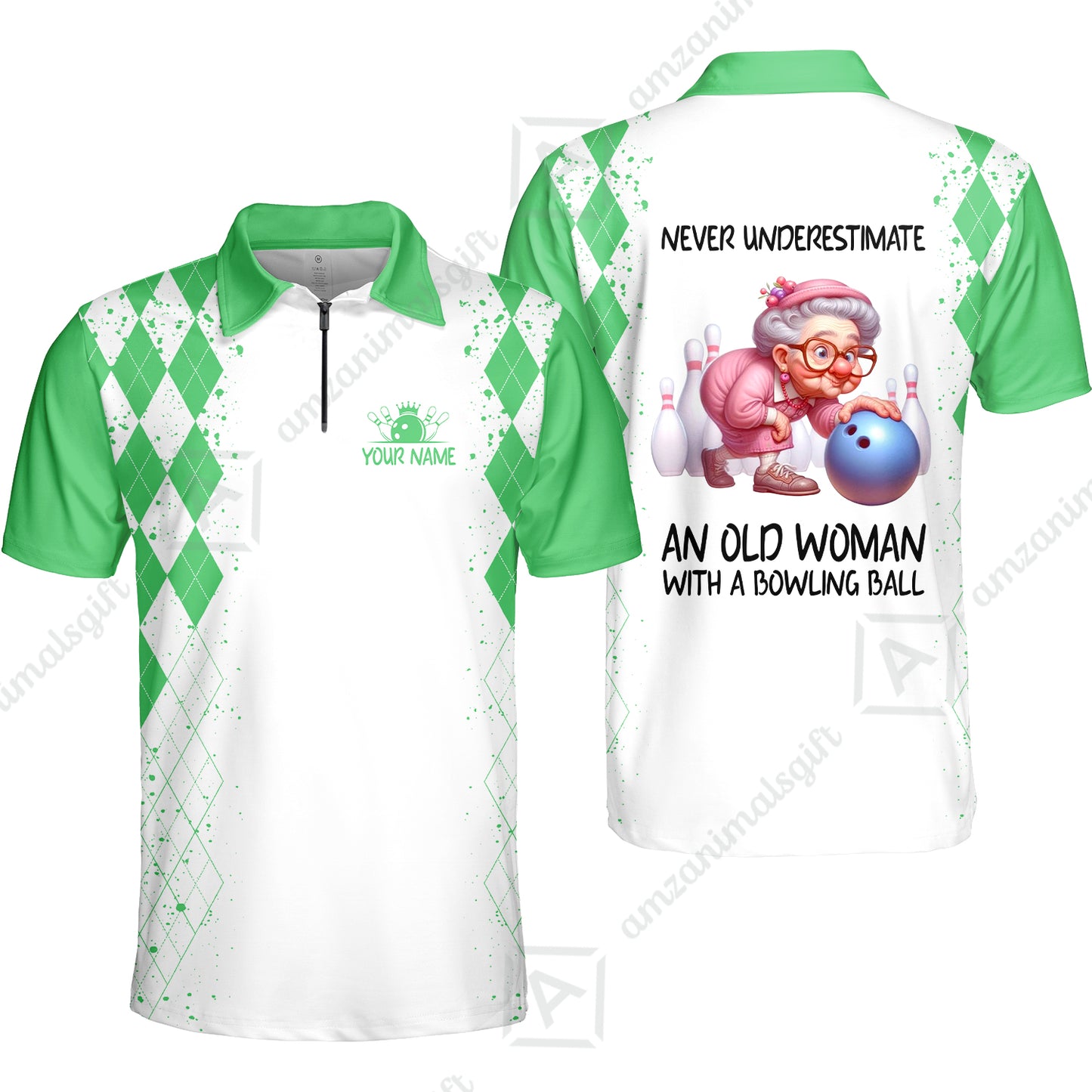 Custom Bowling Jersey Polo Shirt, Never Underestimate An Old Woman With A Bowling Ball, Personalized Name & Team Name